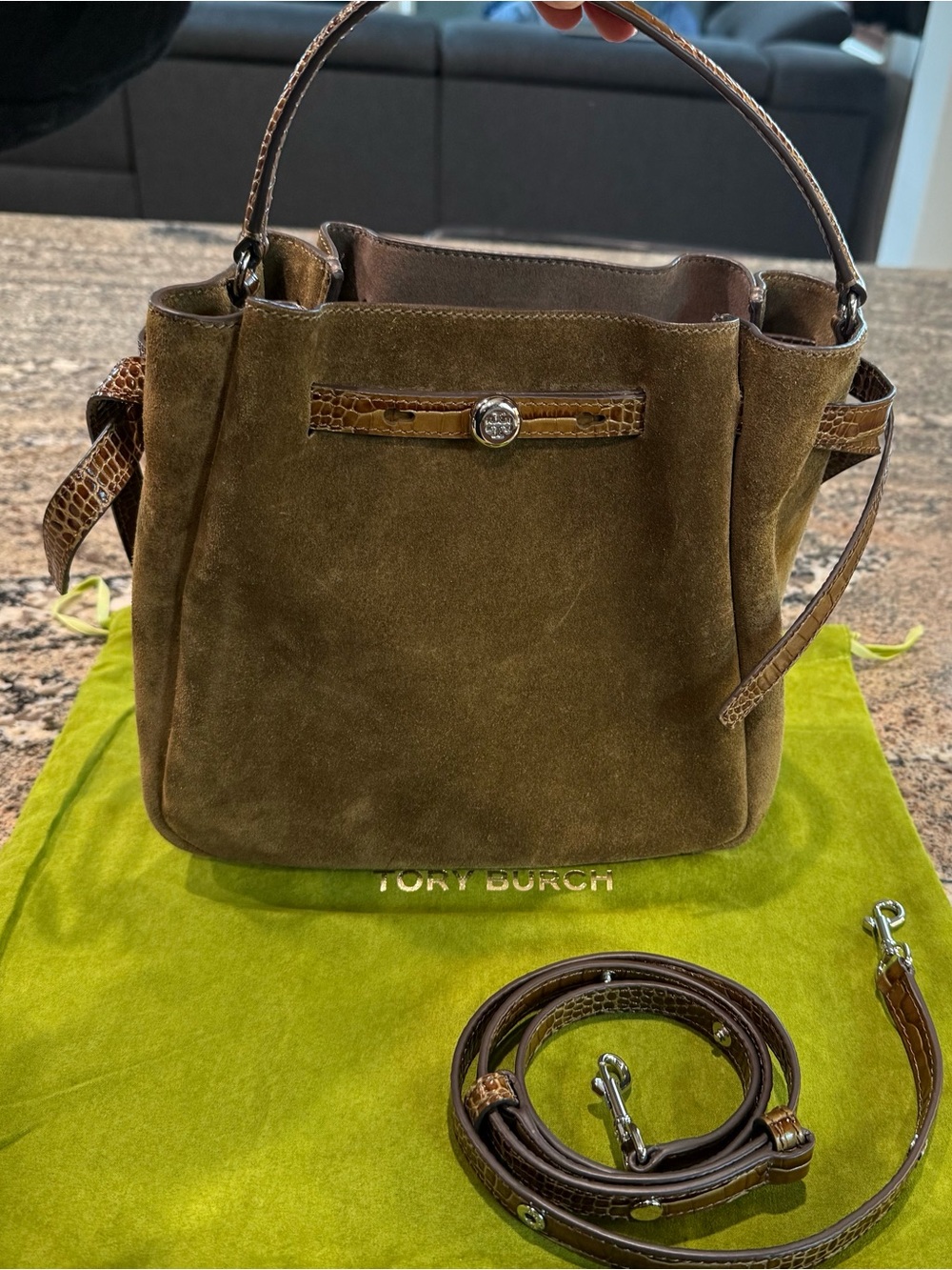 Tory Burch Olive Brown Suede Shoulder Bag with Croc Trim - Picture 2 of 3